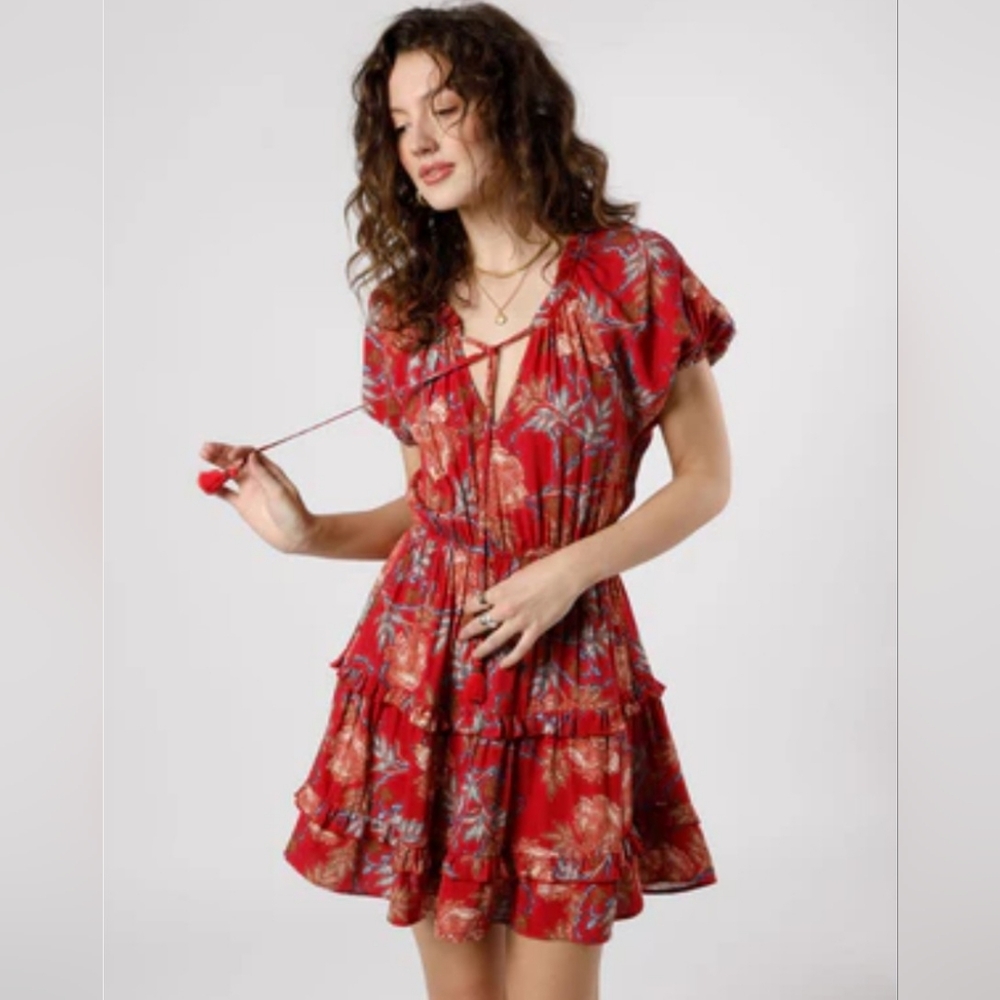 NWT Band Of The Free Connie Garnet Blush Boho Red Tiered Dress Tassels Sz. XS
